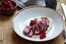 Venison With Chestnut Puree And Lingonberries