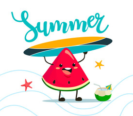 Wall Mural - Funny watermelon with a surfboard in cartoon style. Vector