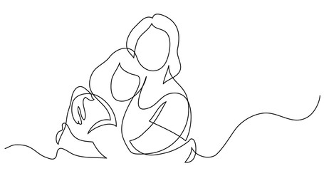 continuous line drawing of mother and daughter hugging each other