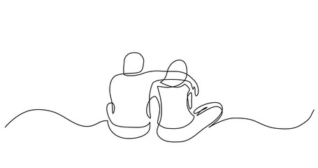 Wall Mural - continuous line drawing of two close friends sitting together hugging each other