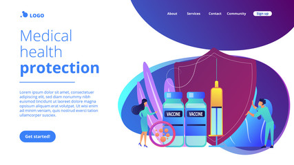 Wall Mural - Tiny people doctors and syringe with vaccine, shield. Vaccination program, disease immunization vaccine, medical health protection concept. Website vibrant violet landing web page template.