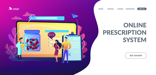 Wall Mural - Tiny people, doctor prescribing medicine to patients online. Online prescription system, prescription management system, online pharmacy concept. Website vibrant violet landing web page template.