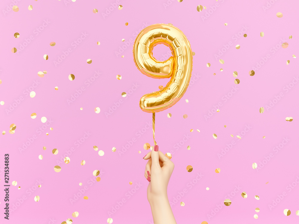 Nine year birthday. Female hand holding Number 9 foil balloon. Nine-year anniversary background. 3d rendering - obrazy, fototapety, plakaty 