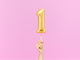 one year birthday. female hand holding number 1 foil balloon. one-year anniversary background. 3d re