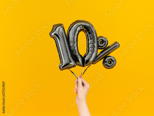 Ten percent symbol discount. 10 % sale banner black flying foil balloons on yellow. 3d rendering.