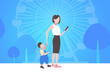 business woman using cellphone while walking with little child son want attention from mother smartphone addiction concept city urban park ferris wheel background horizontal flat full length