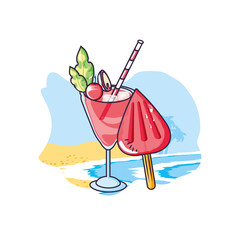 Sticker - ice cream with stick in the beach and cocktail