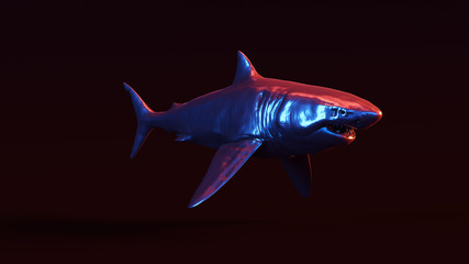 Wall Mural - Silver Great White Shark with Red Blue Moody 80s lighting Front