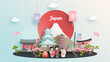 Travel advertising with travel to Japan concept with Japanese famous landmark. Paper cut style vector illustration