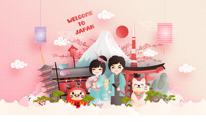 Wall Mural - travel postcard, poster, tour advertising of world famous landmarks of japan with fuji mountain and 