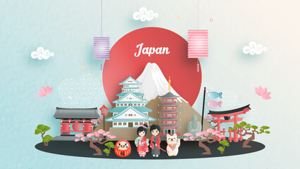 Wall Mural - travel advertising with travel to japan concept with japanese famous landmark. paper cut style vecto