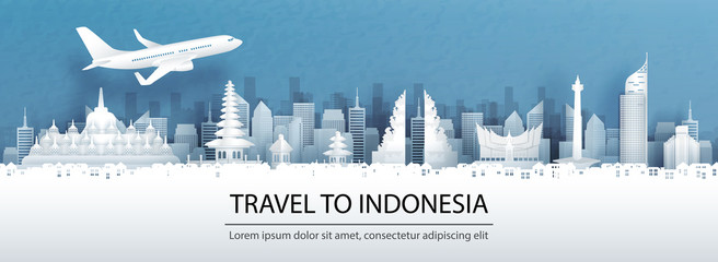 Fototapete - Travel advertising with travel to Indonesia concept with panorama view of city skyline and world famous landmarks in paper cut style vector illustration.