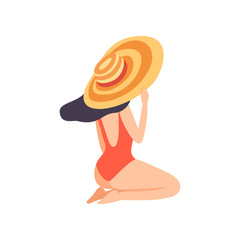 Sticker - Brunette Girl in Red Swimsuit and Hat Sunbathing on Beach, Back View, Beautiful Young Woman Enjoying Summer Vacation on Seashore Vector Illustration