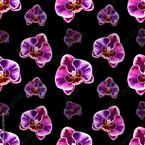 Seamless pattern from orchid flowers. Watercolor painting. Exotic plant. Flor...
