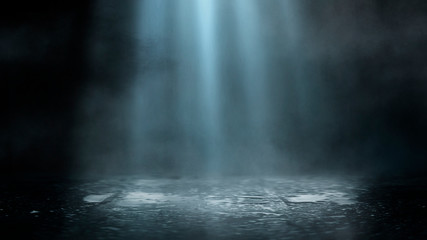 Empty street scene background with abstract spotlights light. Night view of street light reflected on water. Rays through the fog. Smoke, fog, wet asphalt with reflection of lights. 