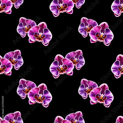 Seamless pattern from orchid flowers. Watercolor painting. Exotic plant. Flor...