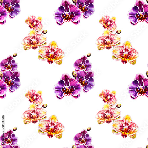Seamless pattern from orchid flowers. Watercolor painting. Exotic plant. Flor...