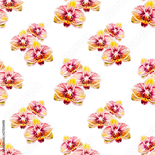 Seamless pattern from orchid flowers. Watercolor painting. Exotic plant. Flor...