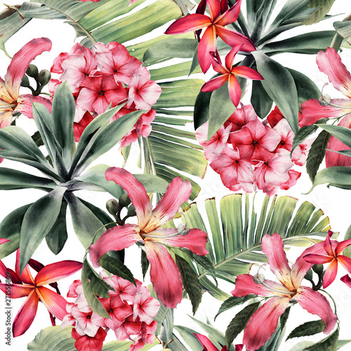 Photo Seamless floral pattern with tropical flowers, watercolor.