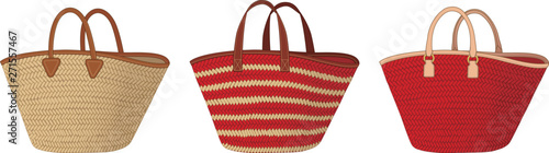 Fotografía group of straw bags with different handles, colorful tote bags, summer bags vect