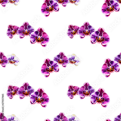 Seamless pattern from orchid flowers. Watercolor painting. Exotic plant. Flor...