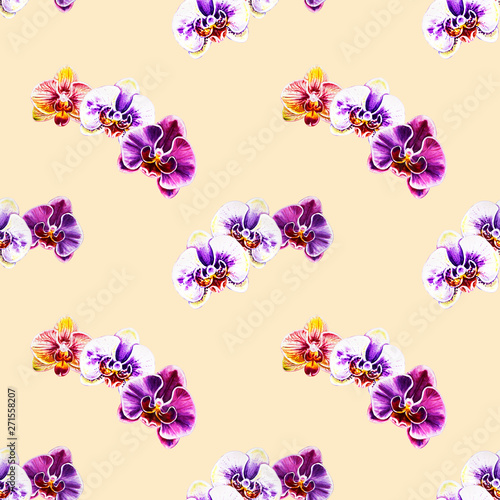 Seamless pattern from orchid flowers. Watercolor painting. Exotic plant. Flor...