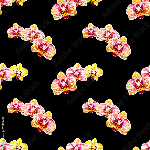 Seamless pattern from orchid flowers. Watercolor painting. Exotic plant. Flor...