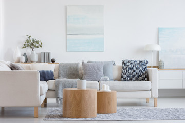 Two wooden coffee tables with plant in pot in front of grey corner sofa in fashionable living room interior