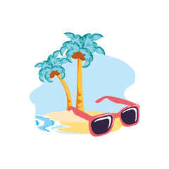 Poster - summer sunglasses in the beach with tree palm