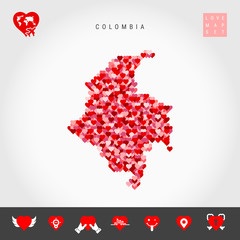 I Love Colombia. Red and Pink Hearts Pattern Vector Map of Colombia Isolated on Grey Background. Love Icon Set.