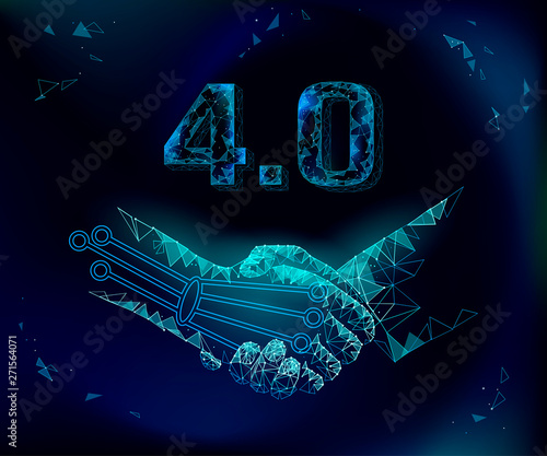 Low poly handshake future industrial revolution concept. Industry 4.0 AI artificial and human union. Online technology agreement industry management. 3D polygonal system vector illustration