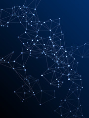 Geometric plexus structure cybernetic concept. Network nodes plexus dark blue background.