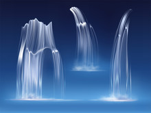 Waterfall Cascade, Realistic Water Fall Streams Set Of Pure Liquid With Fog Of Different Shapes Isolated On Blue Background. River, Fountain Element For Design, Nature Realistic 3d Vector Illustration