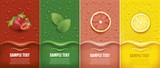 many fresh juice drops background with strawberry, mint, lemon, grapefrui