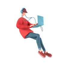 3d Character Of A Young Cartoon Guy With Headphones Listening To Music Floating In The Air. Teen Boy In A Red Sweater Surfs The Internet On The Computer. 3d Rendering Isolated On A White Background.