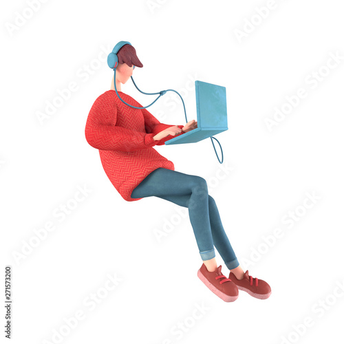 Cuadros en Lienzo 3d character of a young cartoon guy with headphones listening to music floating in the air