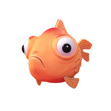 3d Cartoon Character Of A Spherical Goldfish With Big Bulging Eyes Floating In The Air. Funny Yellow Fish Icon. 3d Render Of Cute Little Magic Fish Isolated On White Background. Assets For Game Design