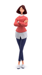 3d character of a young cartoon stylized woman in a red sweater with a white blue striped shirt and blue jeans standing on a white background. 3d illustration of brunette cute girl with arms crossed.