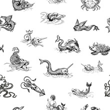 Mythological Vintage Sea Monster. Monochrome Hand Drawn Sketch. Vector Seamless Pattern For Boy. Detail Of The Old Geographical Maps Of Sea.