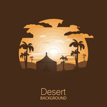 Landscape Desert.Bedouin Tent With Palms.Negative Space Illustration