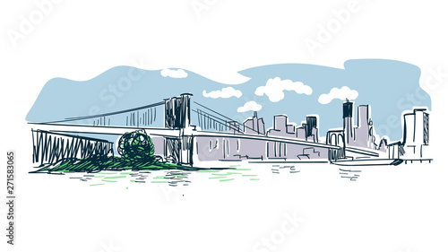 Naklejka biały most   nowy-jork-wektor-szkic-krajobraz-linii-ilustracja-skyline