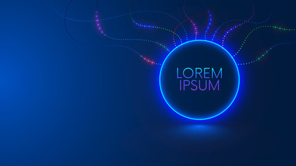 Aufkleber - Title design in round or circle frame. Background or banner of digital technology presentation. Shining neon lights dots of signal on abstract smooth lines on template, mock up of futuristic cover.