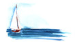 White sailboat with a triangular sail blue sea. Hand-drawn watercolor sketch illustration