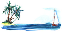 Two Palm Trees On A Small Island And White Sailboat With A Triangular Sail In The Blue Ocean On A White Background. Hand-drawn Watercolor Sketch Illustration