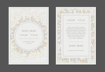 Greeting simple invitation card template design flowers and leafs. Retro white and beige