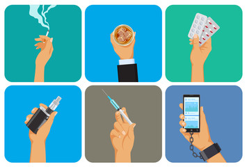 Set of bad habit, addiction icons, unhealthy lifestyle, smoking, alcohol, drugs, vape, gadget overuse, hand with cigarette, glass, syringe and cellphone, vector illustration in flat style.