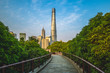 © Richie Chan - skyline of shanghai city and a wooden pathway