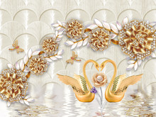3d Illustration, Light Background, Golden Flowers With Crystals And Pearl Leaves, Two Golden Swans, A Beige Rose With A Pearl, A Reflection In The Water