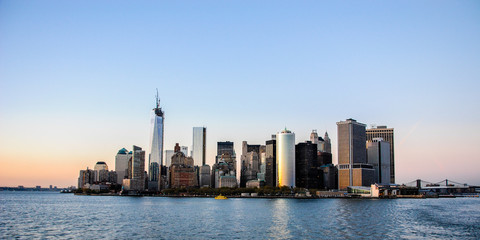 Amazing view of the skyline of the south of Manhattan in New York, at sunset. Picture taken in the way to Staten Island