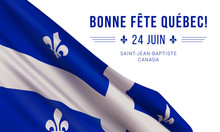Vector Banner Design Template With Flag Of Quebec Province And Text On White Background.Translation From French: Happy Quebec Day! June 24th. Saint Jean Baptist. Canada.
